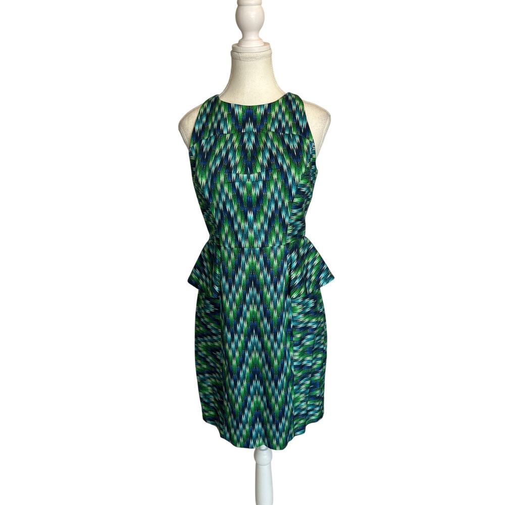 an original Milly of New York | Thea Dress | Green/Blue Peplum Waist Sheath | 4